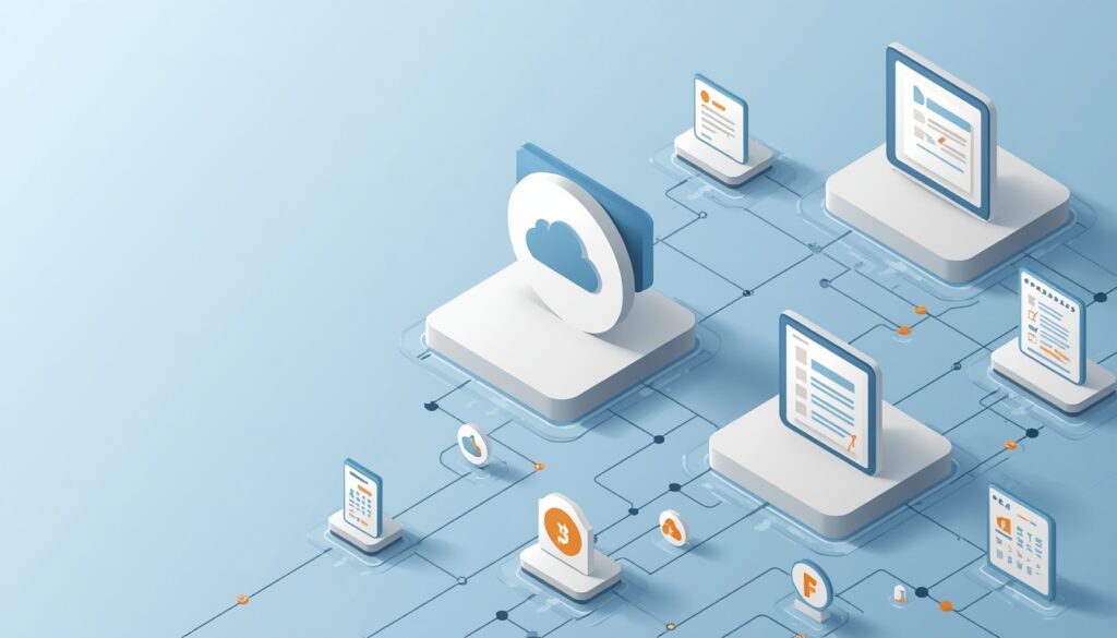 Isometric illustration of connected apps—chat, forms, calendar, and documents—linked by automated workflow pathways