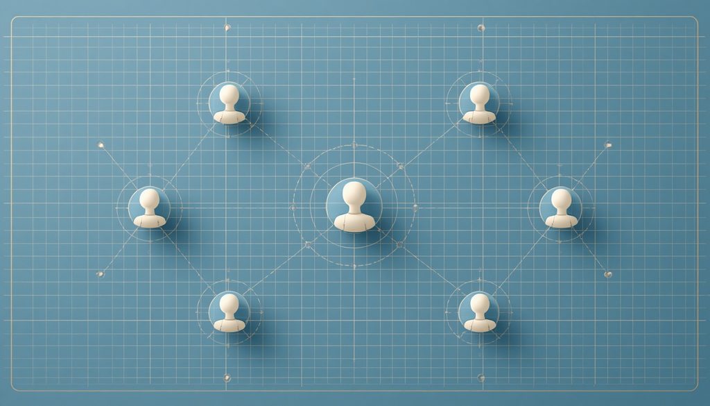 Minimal blue-and-off-white illustration of a distributed remote team connected around a central shared project board