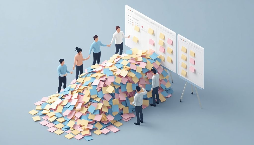 Isometric illustration of a remote team migrating tasks from a pile of paper sticky notes onto an organized digital project board