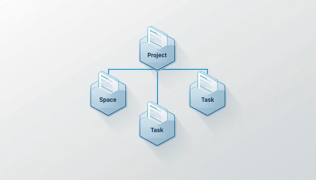 Diagram showing a workspace hierarchy of Space, Project, and Task levels used to structure a project management system