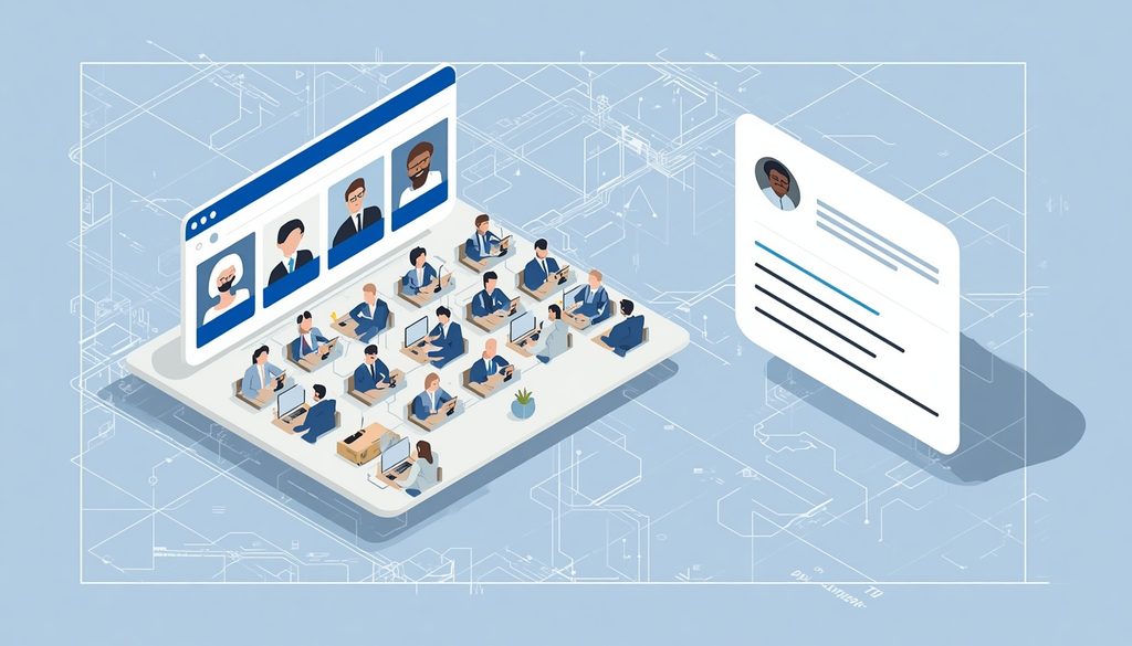 Split illustration contrasting a crowded video call meeting with a single async status update thread