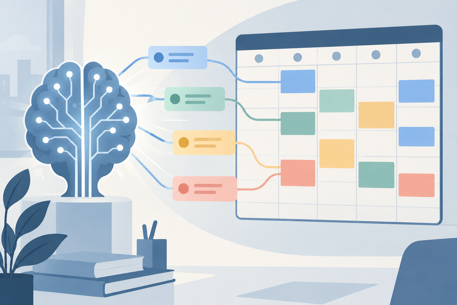 Editorial illustration of an AI brain organizing a calendar grid into colored task blocks, representing Motion's AI day-planning
