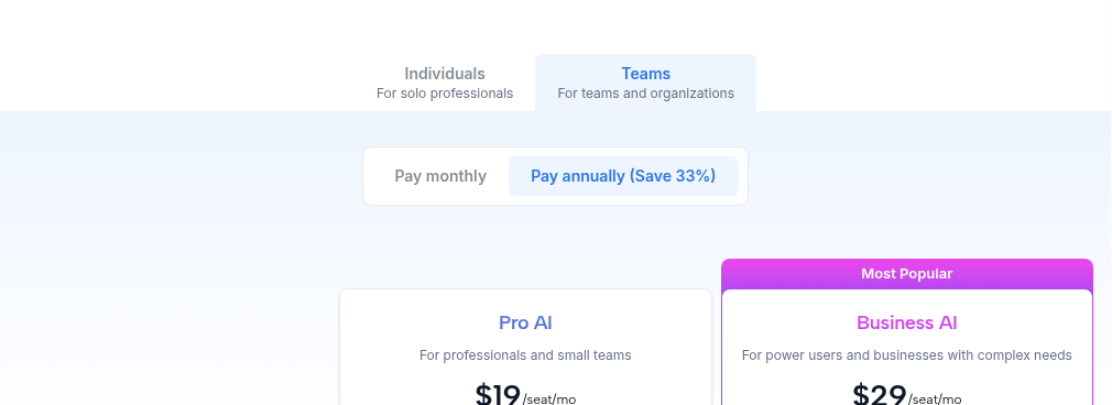 Screenshot of Motion's pricing page showing the Individuals and Teams tab toggle with Pro AI and Business AI plan pricing
