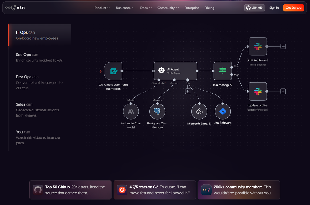 Screenshot of n8n's workflow automation platform pitch page