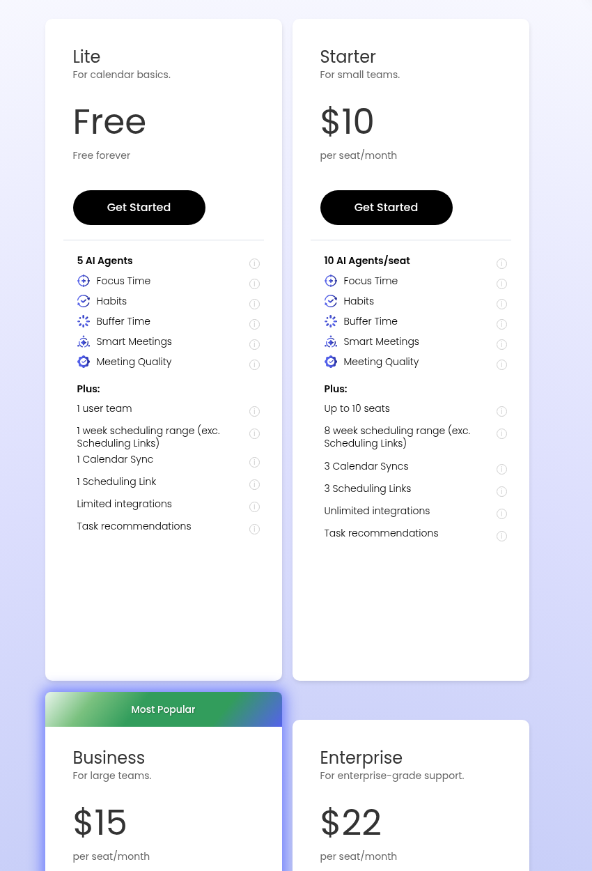 Screenshot of Reclaim.ai's pricing page showing Lite, Starter, Business, and Enterprise plan tiers with per-seat pricing