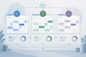 Editorial illustration comparing three AI calendar tools side by side, each panel showing a color-coded scheduling grid with connecting lines and summary charts
