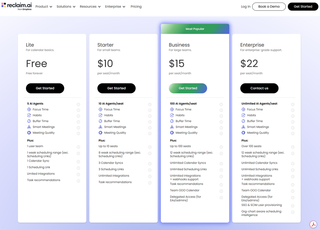 Screenshot of Reclaim.ai's pricing page showing Lite, Starter, Business, and Enterprise plans