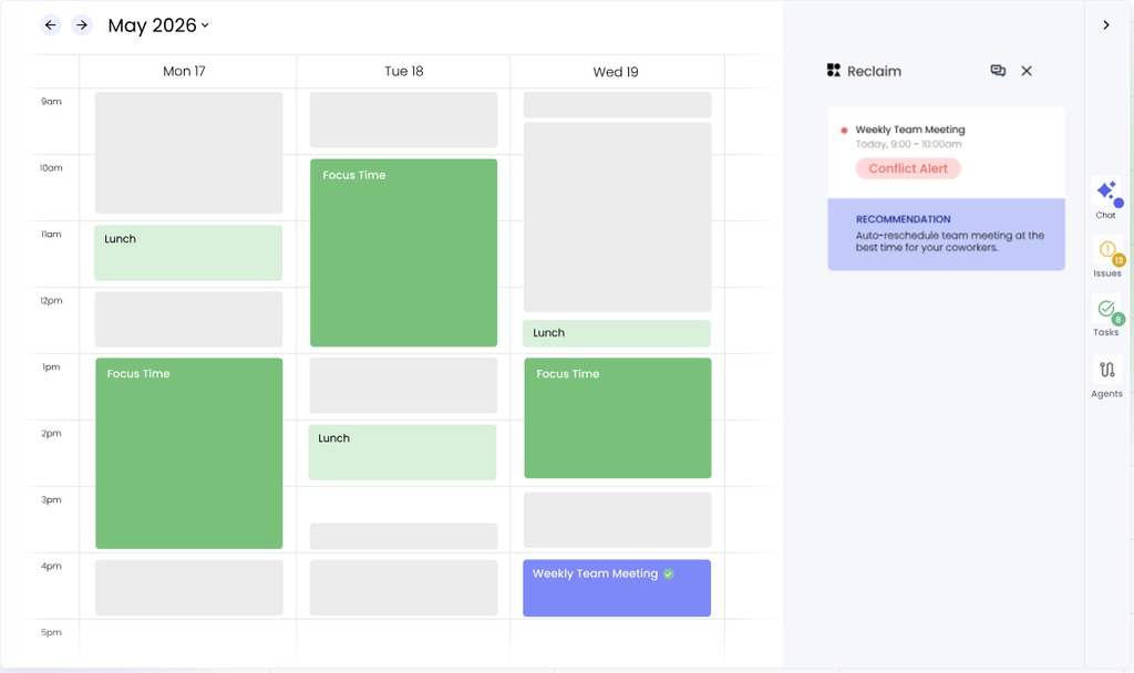 Reclaim.ai calendar view in Google Calendar showing Habit and focus-time blocks