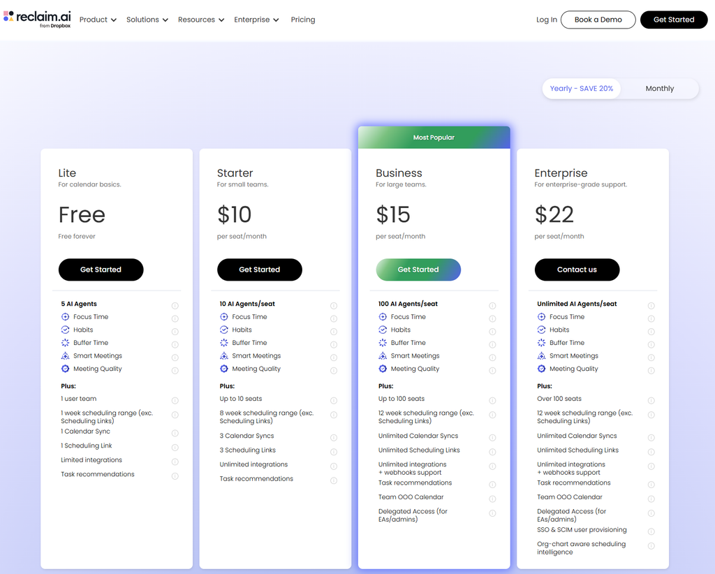 Reclaim.ai pricing page showing Lite, Starter, Business, and Enterprise plan tiers