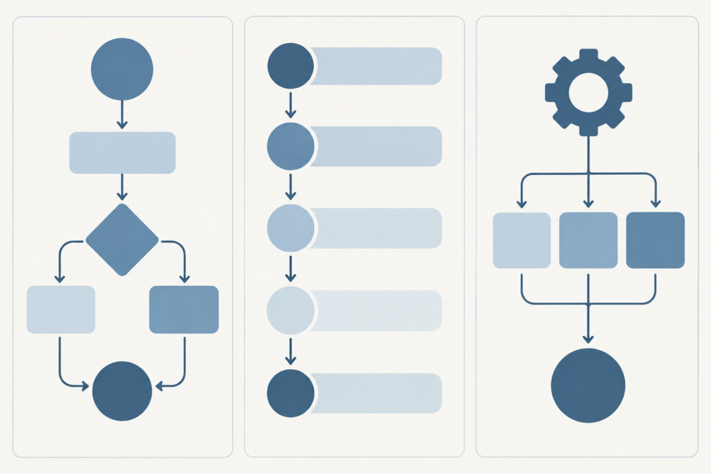 Three abstract workflow board illustrations side by side, representing project management tools like ClickUp, Asana, and Monday.com
