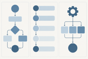 Three abstract workflow board illustrations side by side, representing project management tools like ClickUp, Asana, and Monday.com