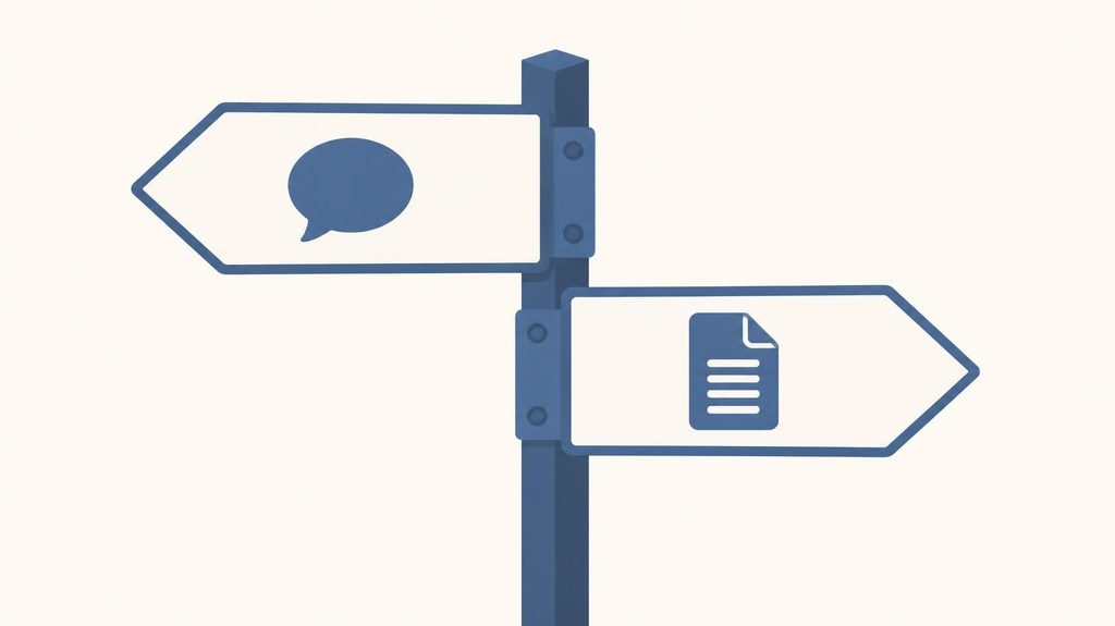 Two diverging signpost arrows, one pointing toward a chat icon and the other toward a document icon, representing choosing between Slack and Microsoft Teams