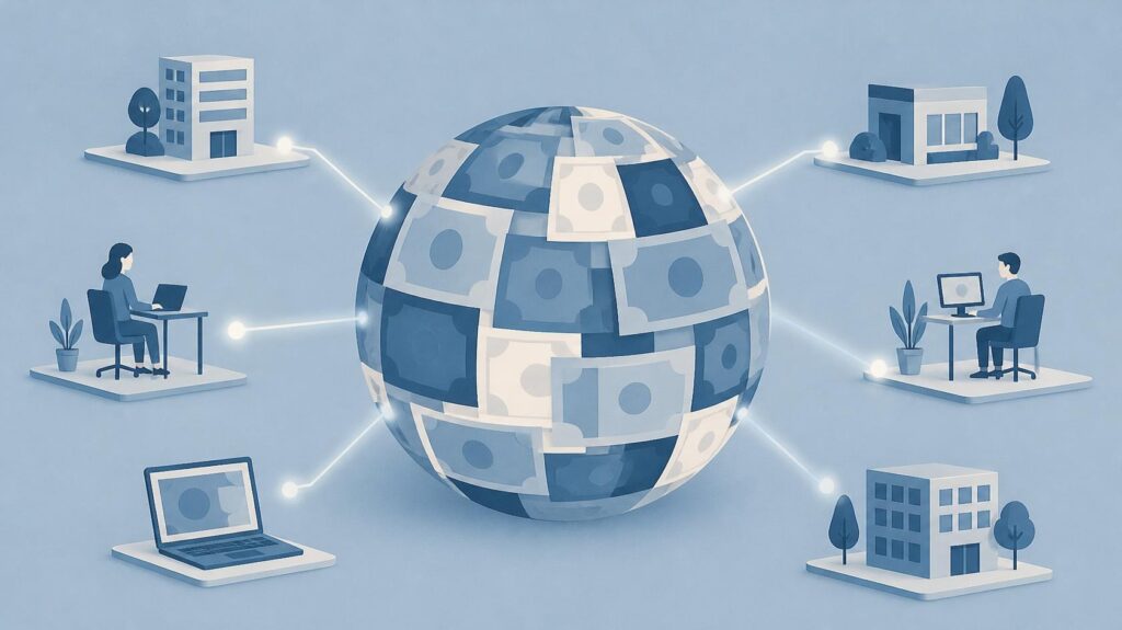 Globe made of interlocking currency shapes connected to office and laptop icons, representing global contractor payments