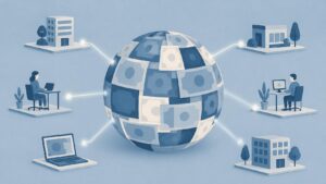 Globe made of interlocking currency shapes connected to office and laptop icons, representing global contractor payments