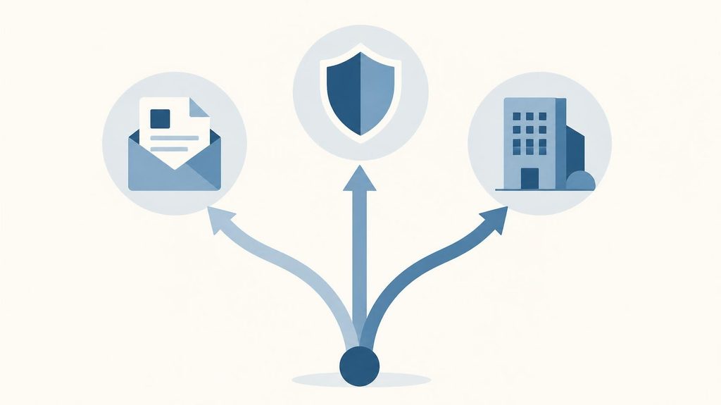 Illustration of three diverging paths leading to an invoice icon, a shield, and a building, representing the three ways to pay international contractors