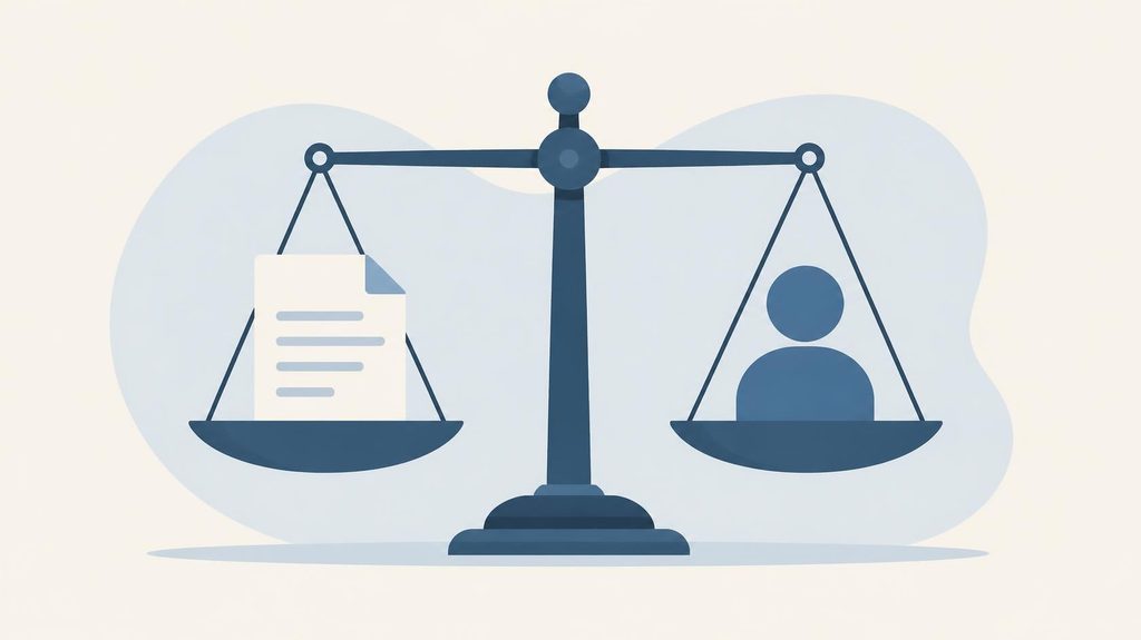 Illustration of a balance scale weighing a document against a person, representing worker misclassification risk