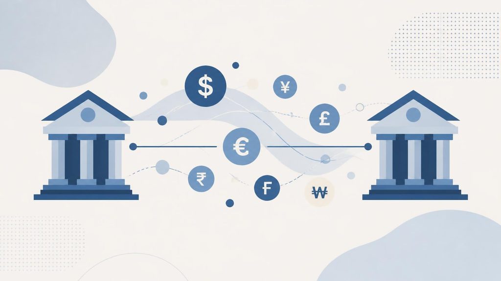 Illustration of multi-currency symbols flowing between two bank icons, representing multi-currency payments