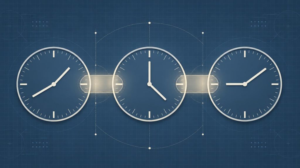Three overlapping clock faces representing different time zones with a shared real-time overlap window highlighted