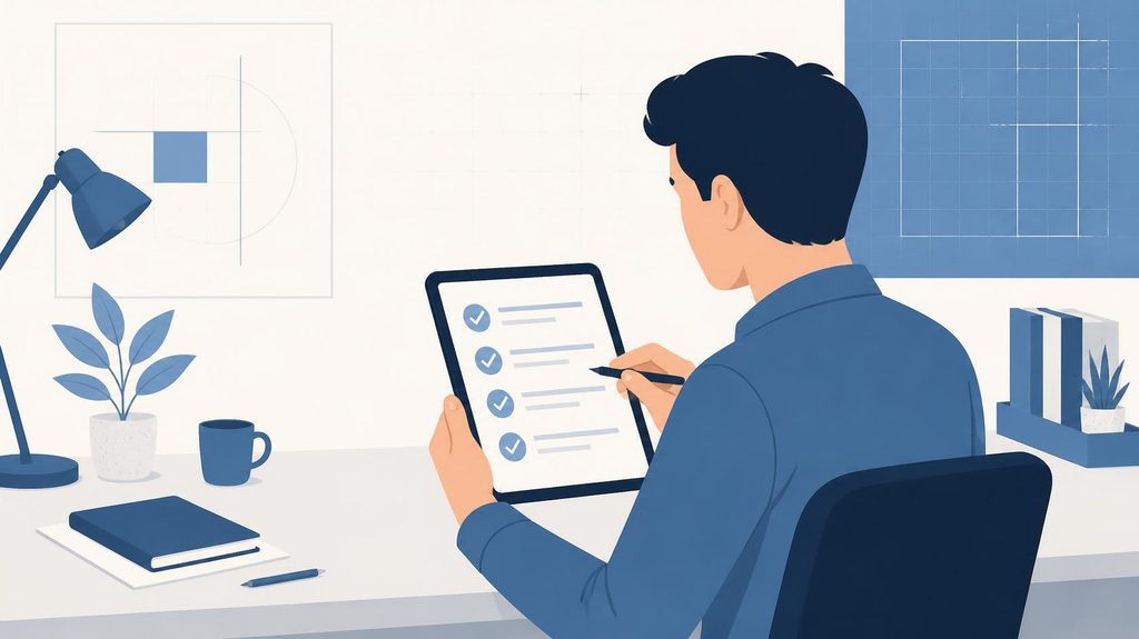 Illustration of a person reviewing a checklist on a tablet at a desk, representing writing down and revisiting team communication rules
