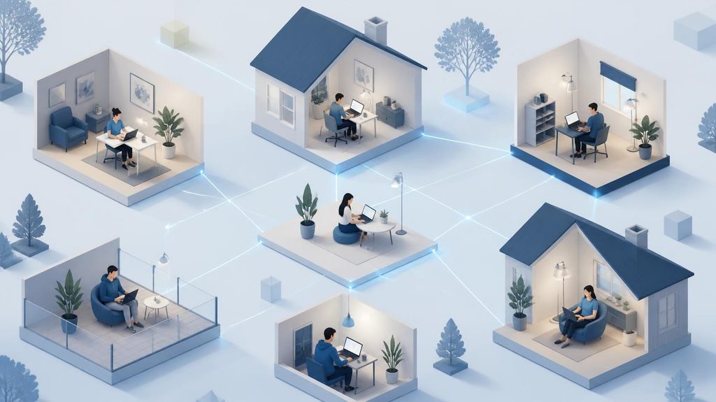 Isometric illustration of six remote team members each working from a different home setting, connected by thin glowing lines