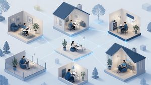 Isometric illustration of six remote team members each working from a different home setting, connected by thin glowing lines