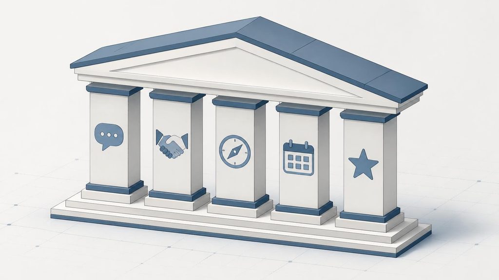 Illustration of five pillars representing communication, trust, onboarding, connection, and recognition supporting a roof