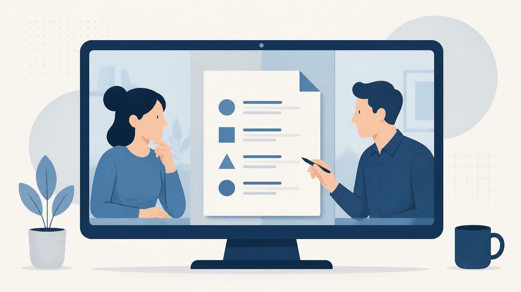 Illustration of two people reviewing a one-page remote team charter checklist on a video call