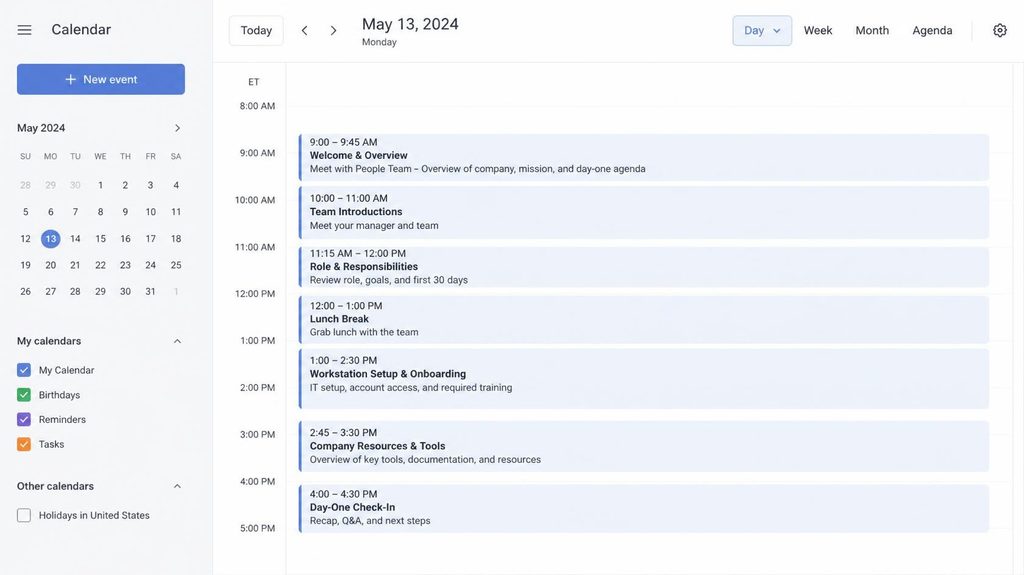 Screenshot of a day-one calendar schedule showing time-blocked onboarding sessions: welcome meeting, team introductions, role overview, workstation setup, and day-one check-in