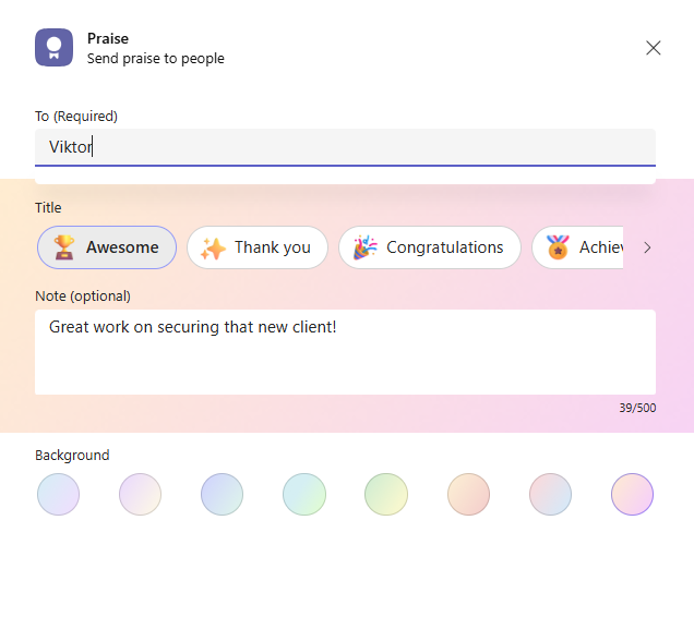 Screenshot of a Microsoft Teams Praise app message recognizing a team member