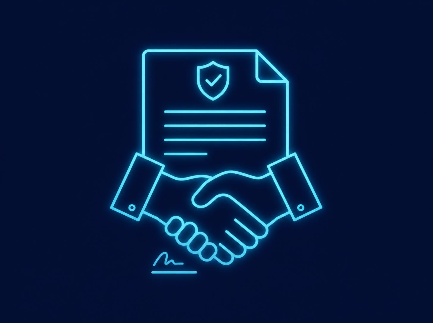Glowing icon of a handshake over a signed contract document, representing workflow agreements and automation