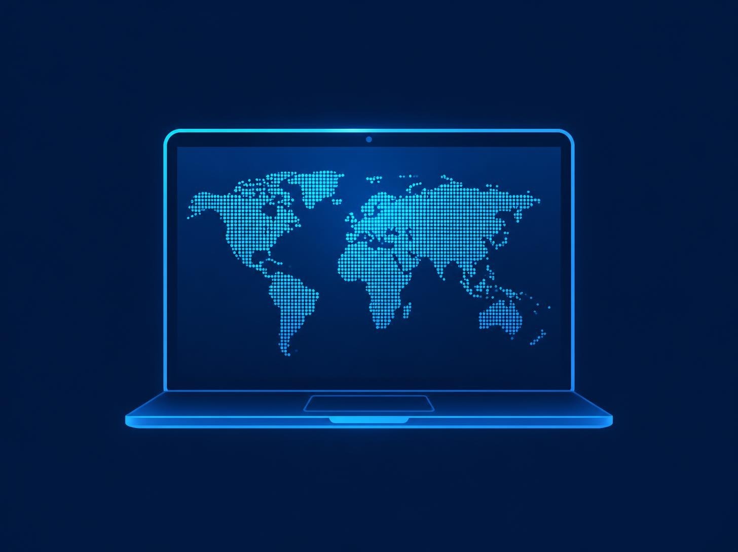 Glowing laptop screen displaying a world map, representing global remote work tools