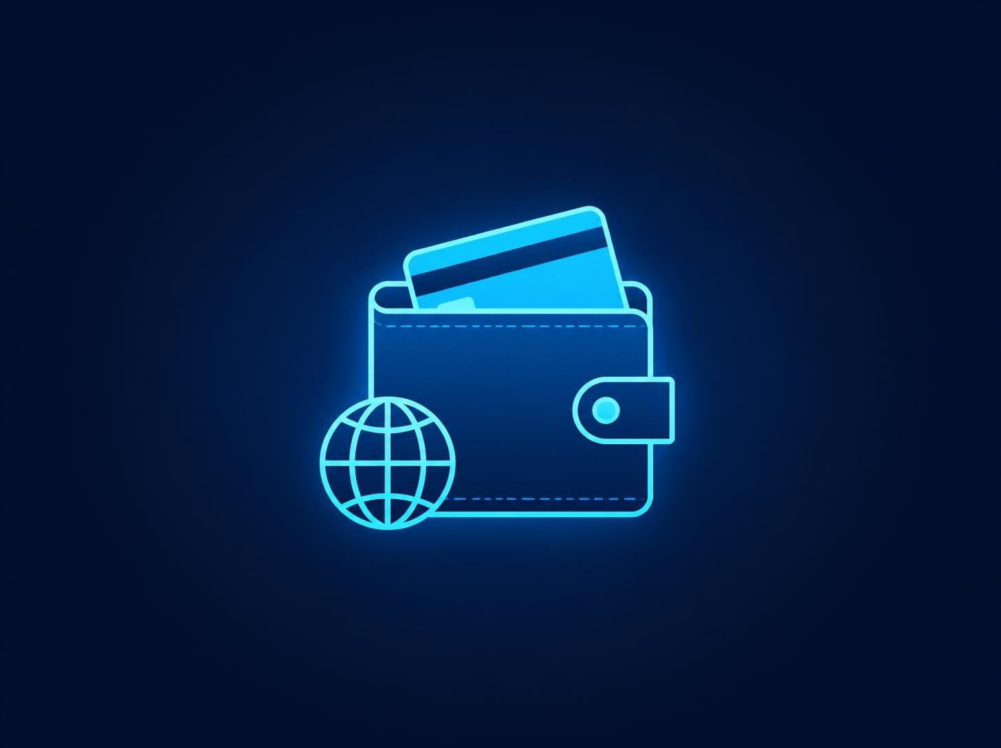 Glowing icon of a digital wallet with a payment card and a world globe, representing global payments