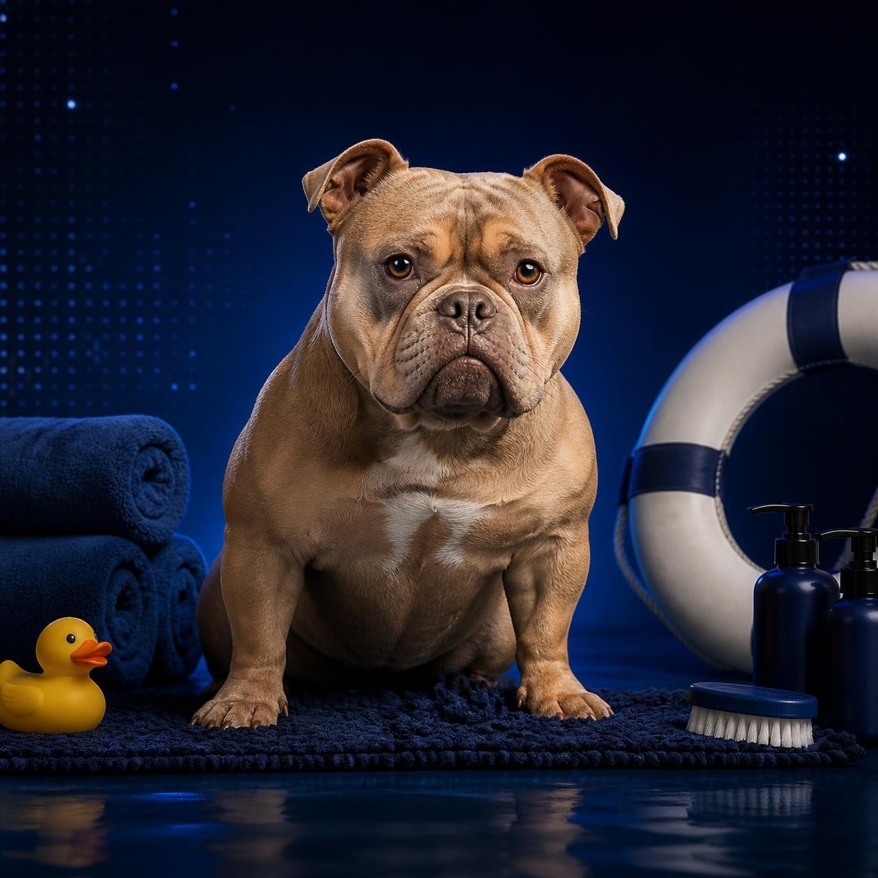Django, the American Bully chief safety officer and lifeguard on The Deskless Daily's board, sitting beside bath-time gear.