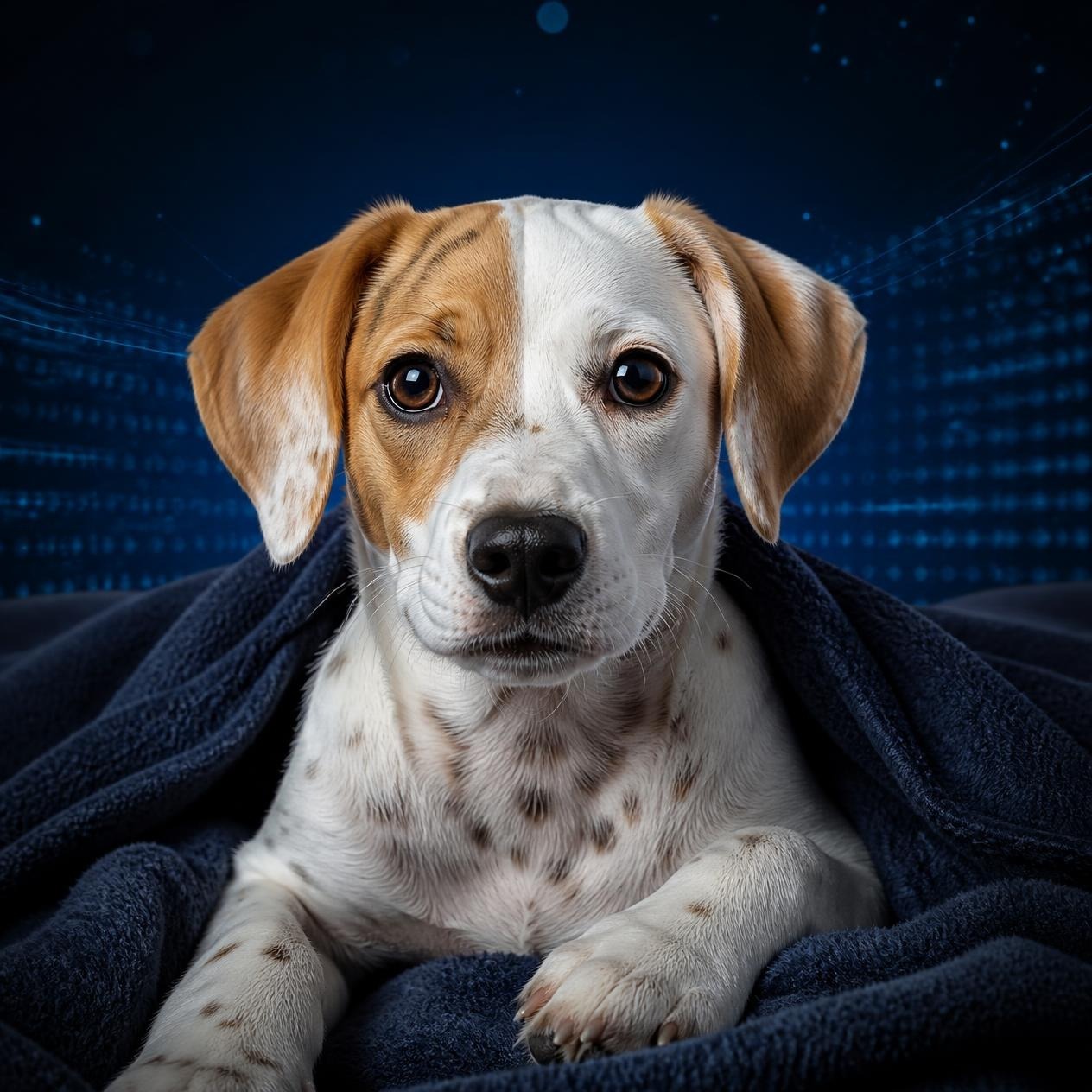 Douglas, the Jackabee junior associate on The Deskless Daily's board, wrapped in a blanket.