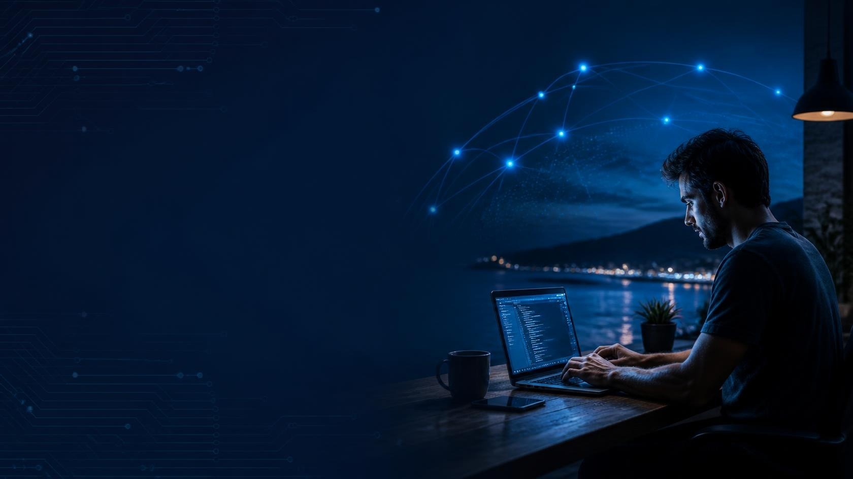 Remote professional working at night with glowing blue network connection lines overlaying a coastal night skyline