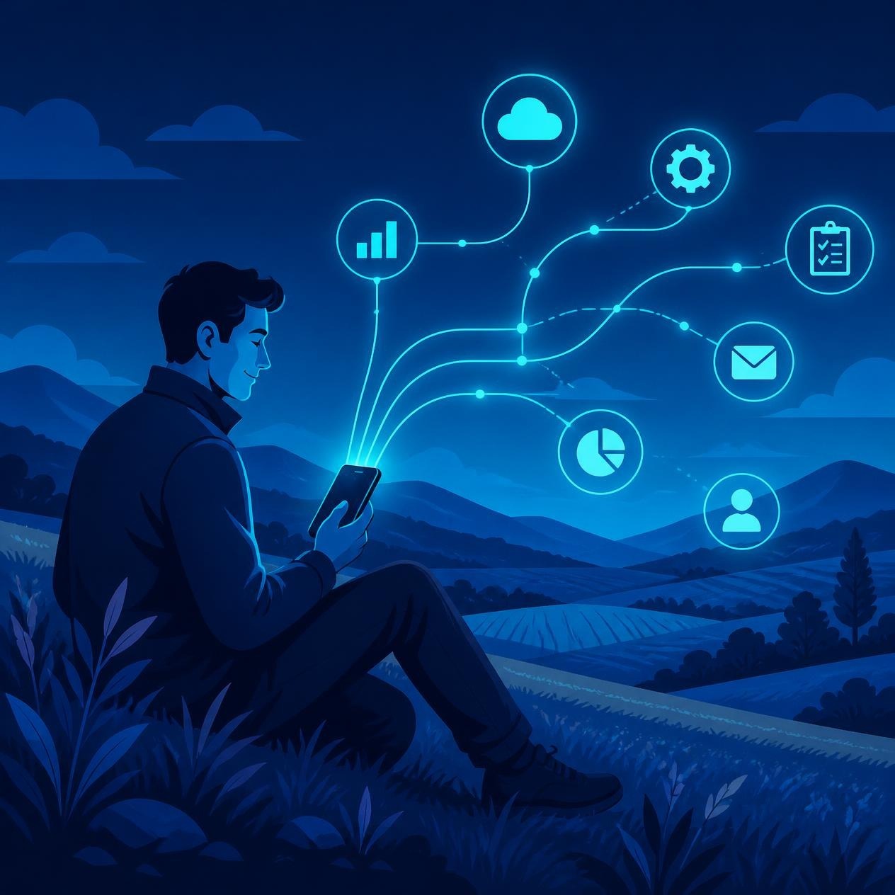 Remote worker on a hillside managing automated workflows from a phone, connected to reporting, scheduling and communication tools
