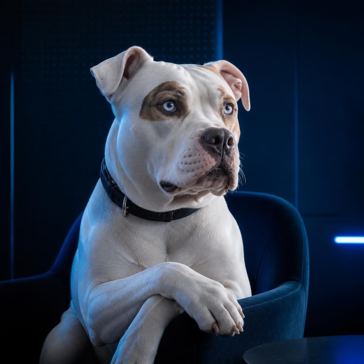 Mimi, the American Bully head of corporate security on The Deskless Daily's board, sitting attentively.