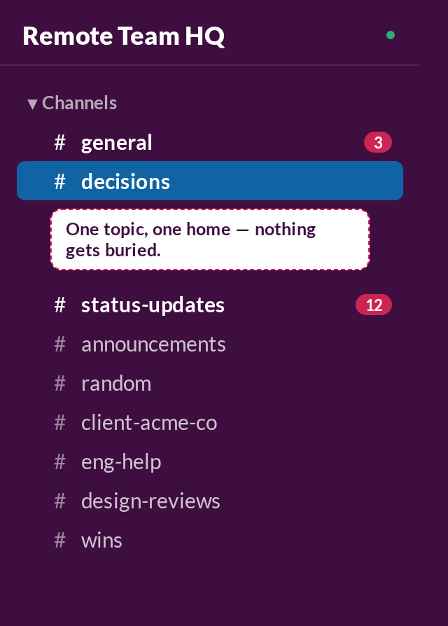 Example Slack sidebar with clearly named channels like decisions, status-updates, and general, illustrating the one-channel-one-purpose rule