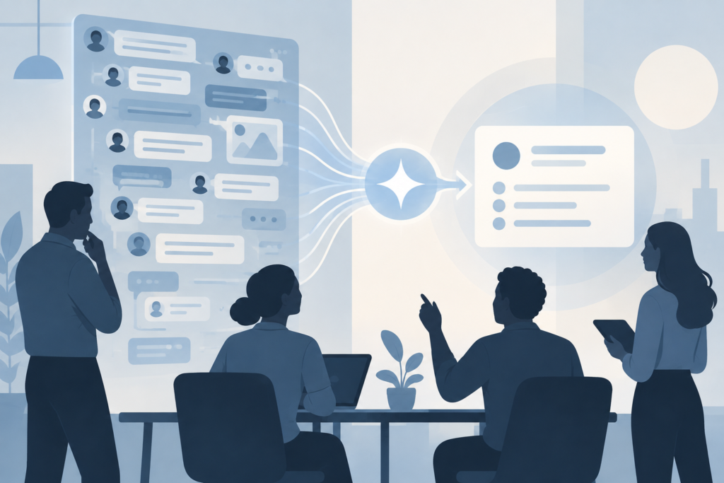 Team reviewing an AI-generated summary distilled from a busy Slack conversation
