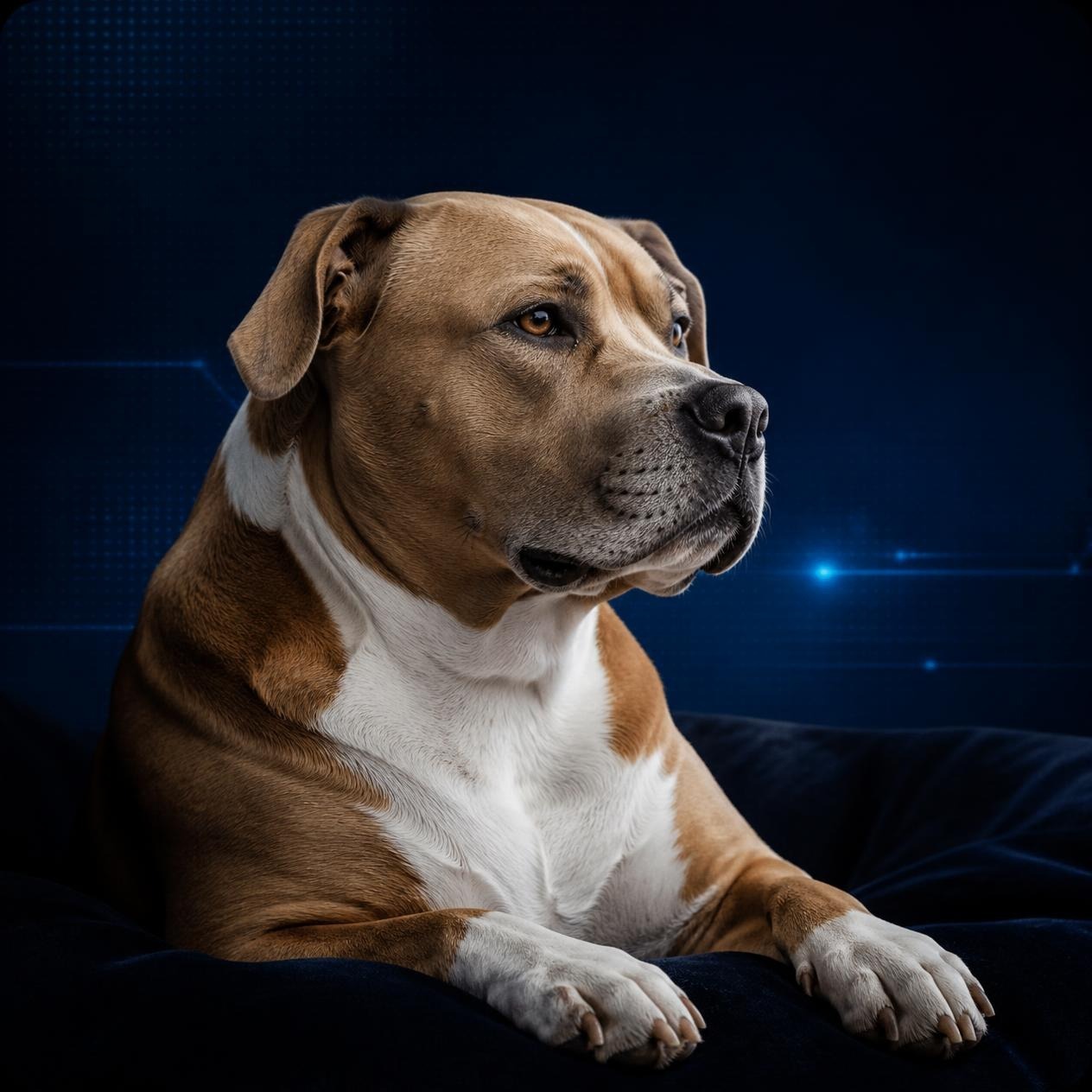Xena, the American Bully matriarch and senior advisor on The Deskless Daily's board of directors, resting on a dark sofa.